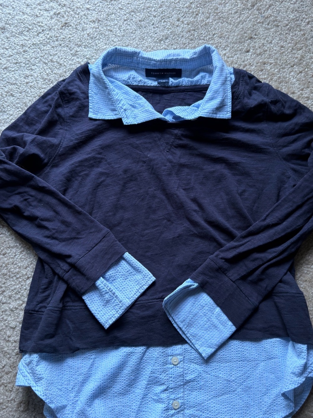 Tommy Hilfiger Navy Layered-Look Sweater with Light Blue Shirt Trim